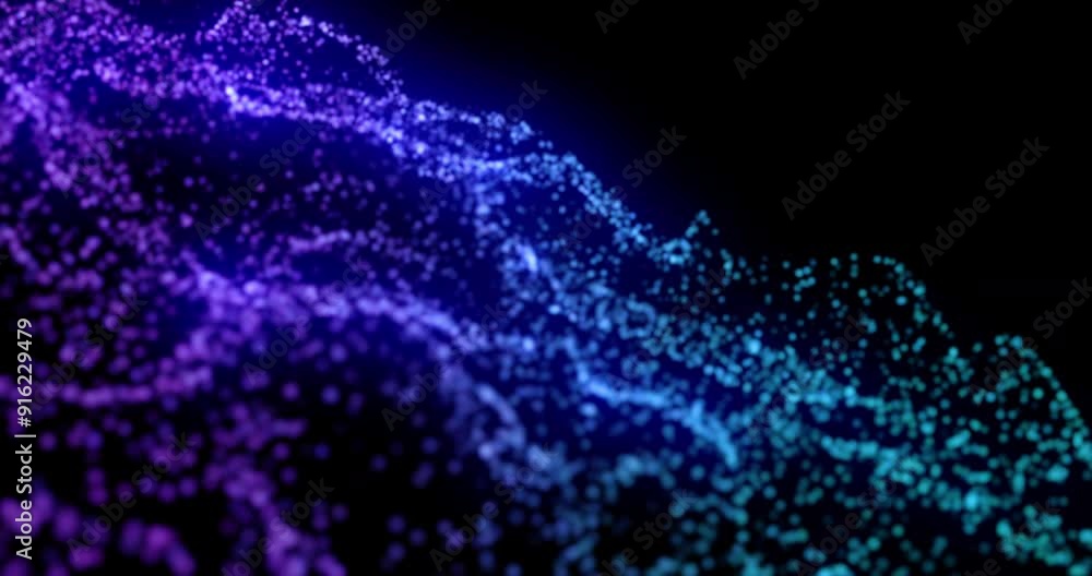 Poster Animation, data ocean and networking with blue particles on black background for communication. Digital stream, future and graphic with cloud computing or information technology in dark cyberspace