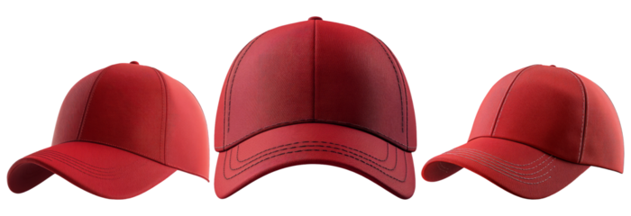 Red caps set isolated on transparent background, stylish and trendy, ideal for fashion, sportswear, and accessory design concepts.