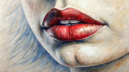 Obraz premium Retro style portrait of a young woman; pencil drawing with colored lips, close-up in profile