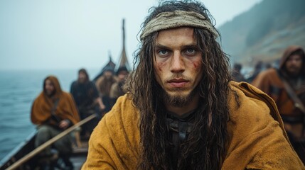 Obraz premium Viking Warrior Embarks on a Sea Journey: Historical Reenactment on a Misty Day