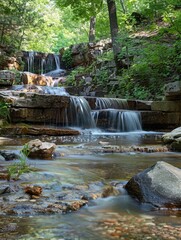 Naklejka premium Tranquil Waterfall in Lush Green Forest - Serene Nature Landscape