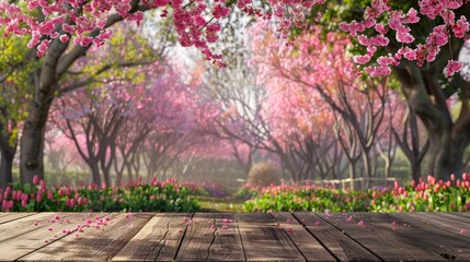 Naklejka premium Wooden table in Sakura flower park with garden background for product display.