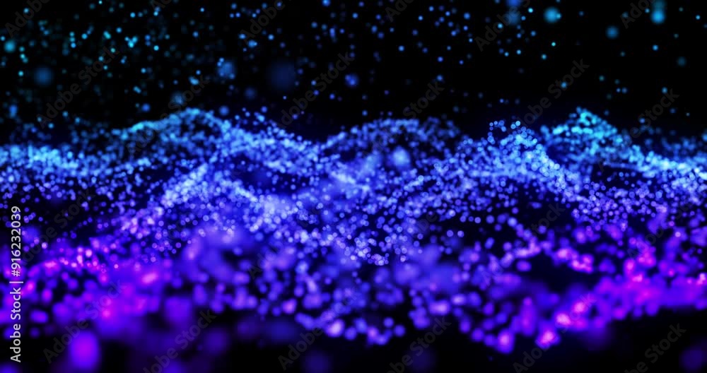 Aufkleber Animation, data stream and transfer with blue particles on black background for communication. Future, graphic and network share with cloud computing or information technology flow in dark cyberspace