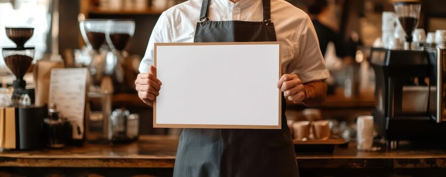 Barista in a cozy cafe holding a blank signboard for customizable content.