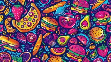 Naklejka premium A lively assortment of burgers, fruits, and snacks creates a playful and whimsical culinary collage