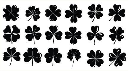 Set of three and four leaf silhouettes, Four and three leaf clovers silhouettes, Green four leaf clover symbol, Clover leaves icons vector, Black clover leaf set