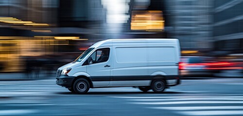White Delivery Van Moving Fast on a City Street