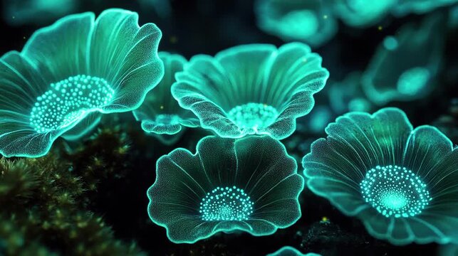 Video footage of teal green fluorescent microscopic with dark background.