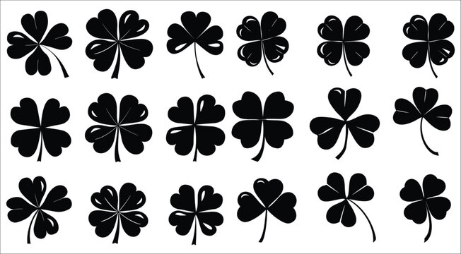 Set of three and four leaf silhouettes, Four and three leaf clovers silhouettes, Green four leaf clover symbol, Clover leaves icons vector, Black clover leaf set