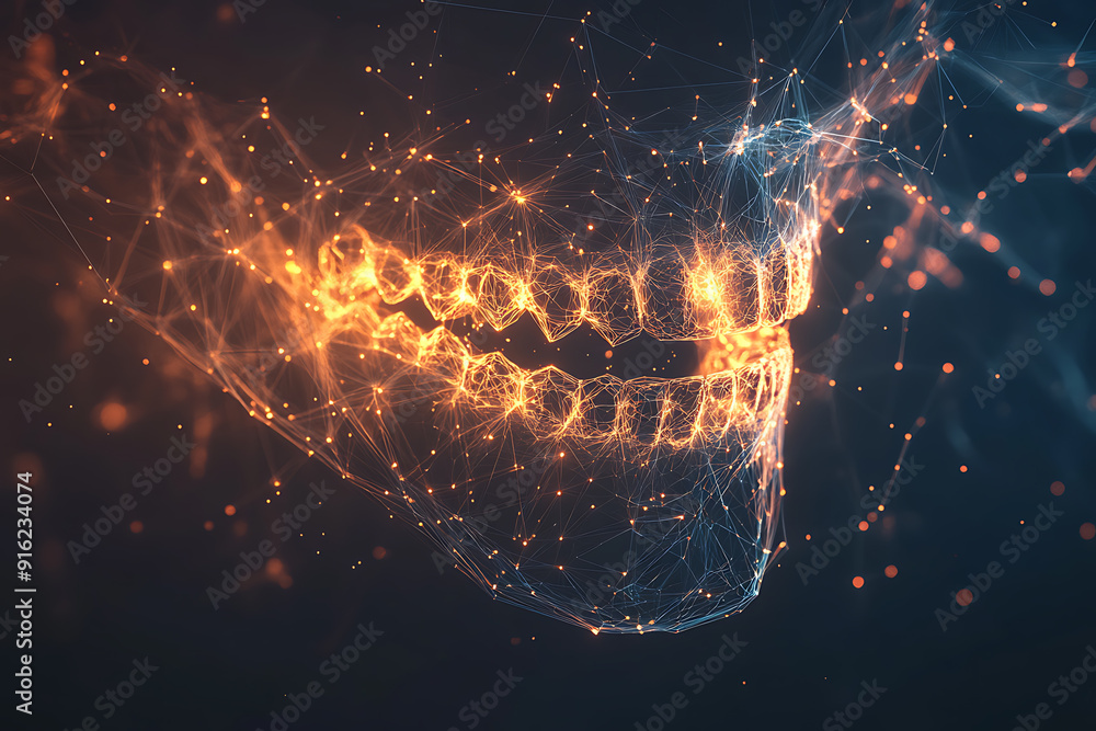 Poster a detailed wireframe representation of a jaw in plexus style, highlighting intricate connections and