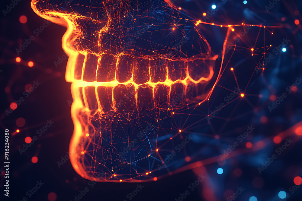 Poster a detailed wireframe representation of a jaw in plexus style, highlighting intricate connections and