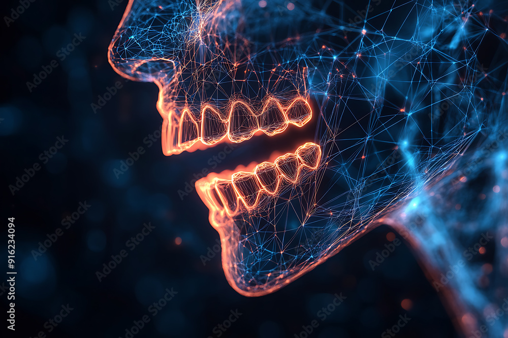 Poster a detailed wireframe representation of a jaw in plexus style, highlighting intricate connections and