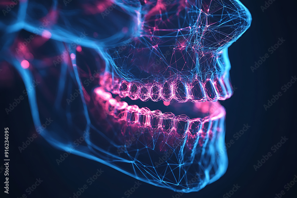 Poster a detailed wireframe representation of a jaw in plexus style, highlighting intricate connections and