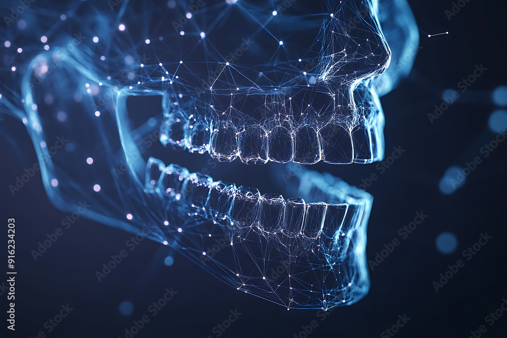 Poster a detailed wireframe representation of a jaw in plexus style, highlighting intricate connections and
