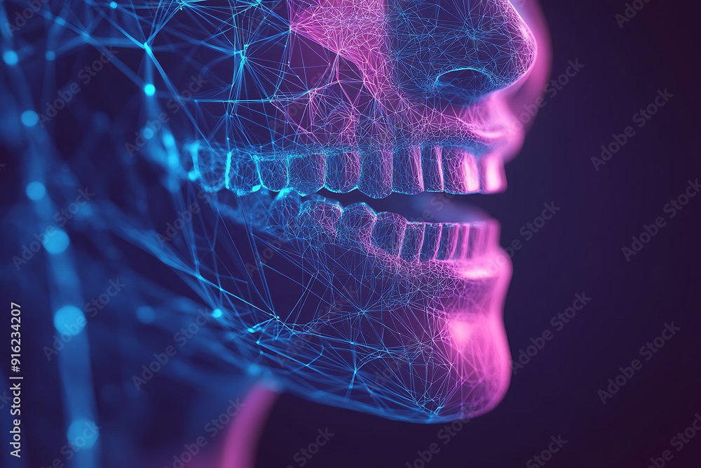 Poster a detailed wireframe representation of a jaw in plexus style, highlighting intricate connections and