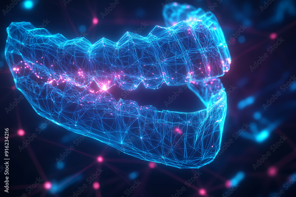 Poster a detailed wireframe representation of a jaw in plexus style, highlighting intricate connections and