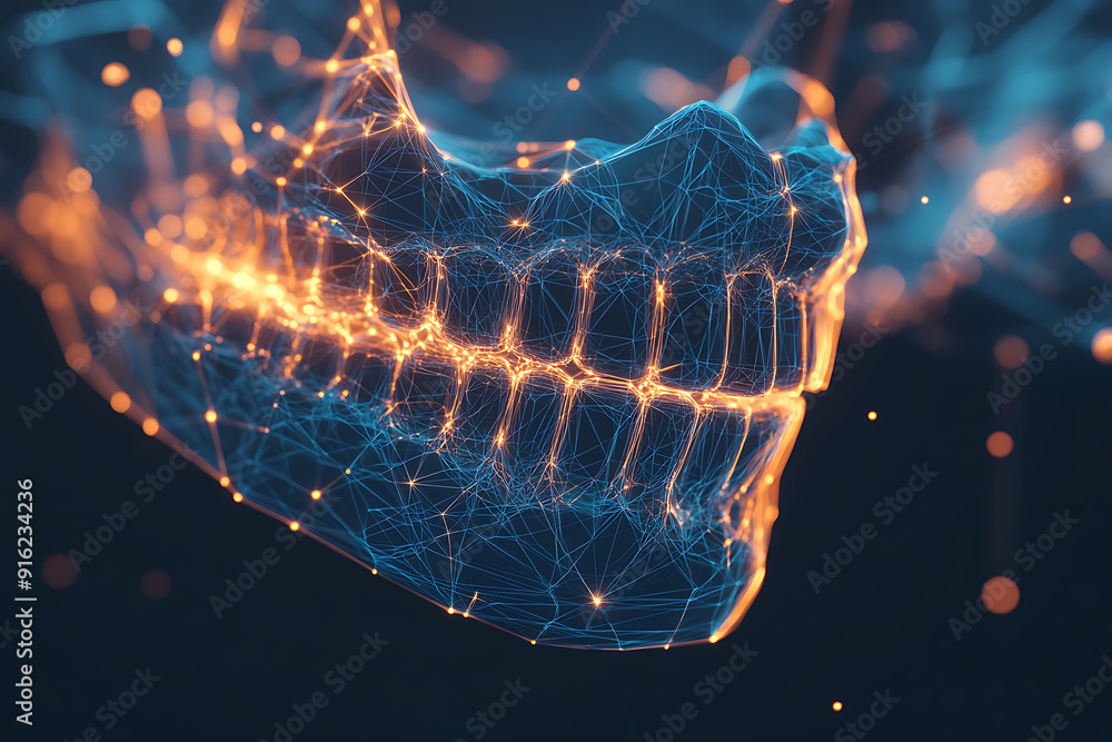 Poster a detailed wireframe representation of a jaw in plexus style, highlighting intricate connections and