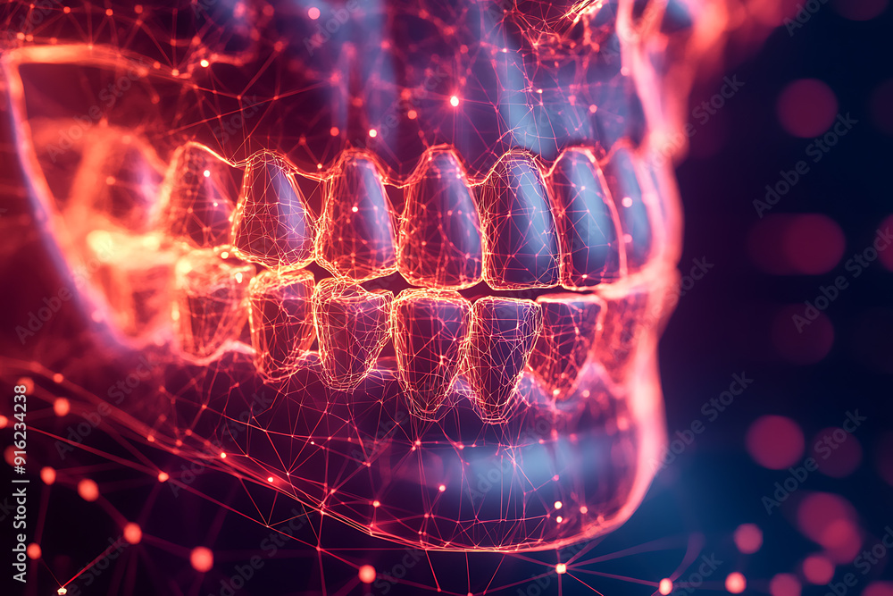 Poster a detailed wireframe representation of a jaw in plexus style, highlighting intricate connections and