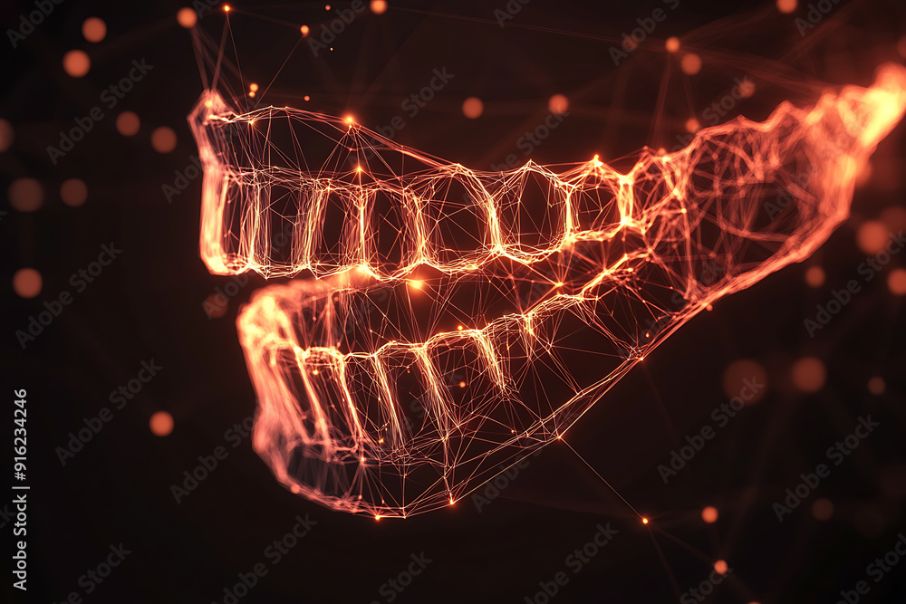 Poster a detailed wireframe representation of a jaw in plexus style, highlighting intricate connections and