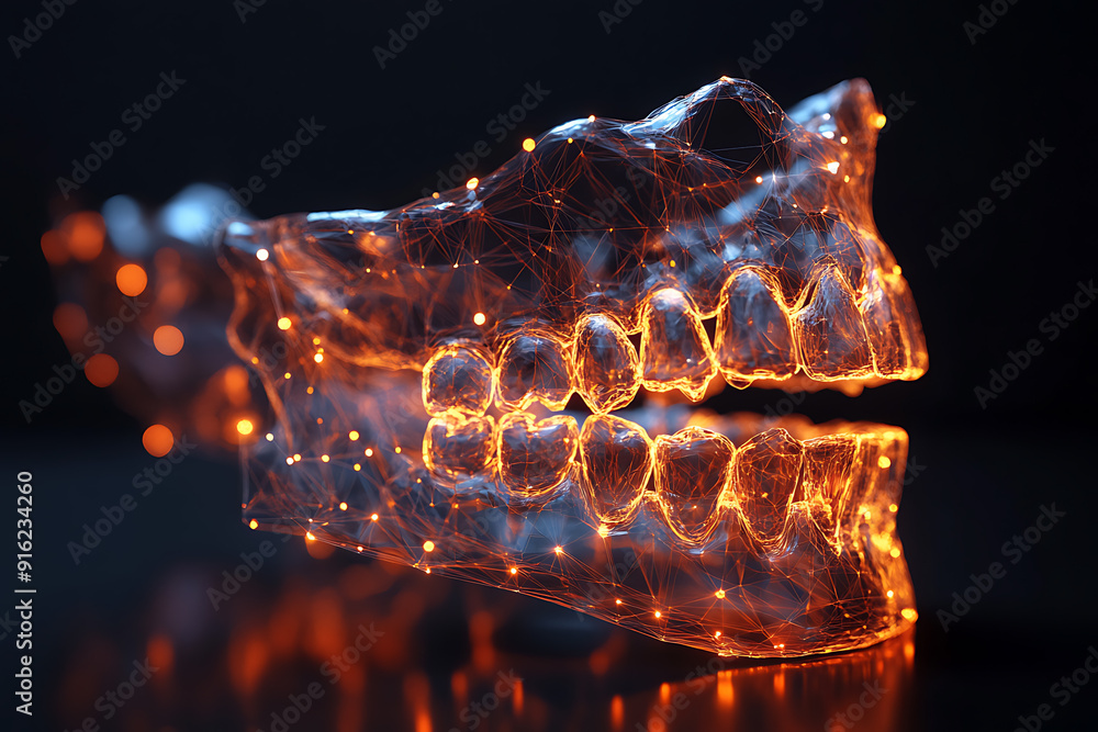 Poster a detailed wireframe representation of a jaw in plexus style, highlighting intricate connections and