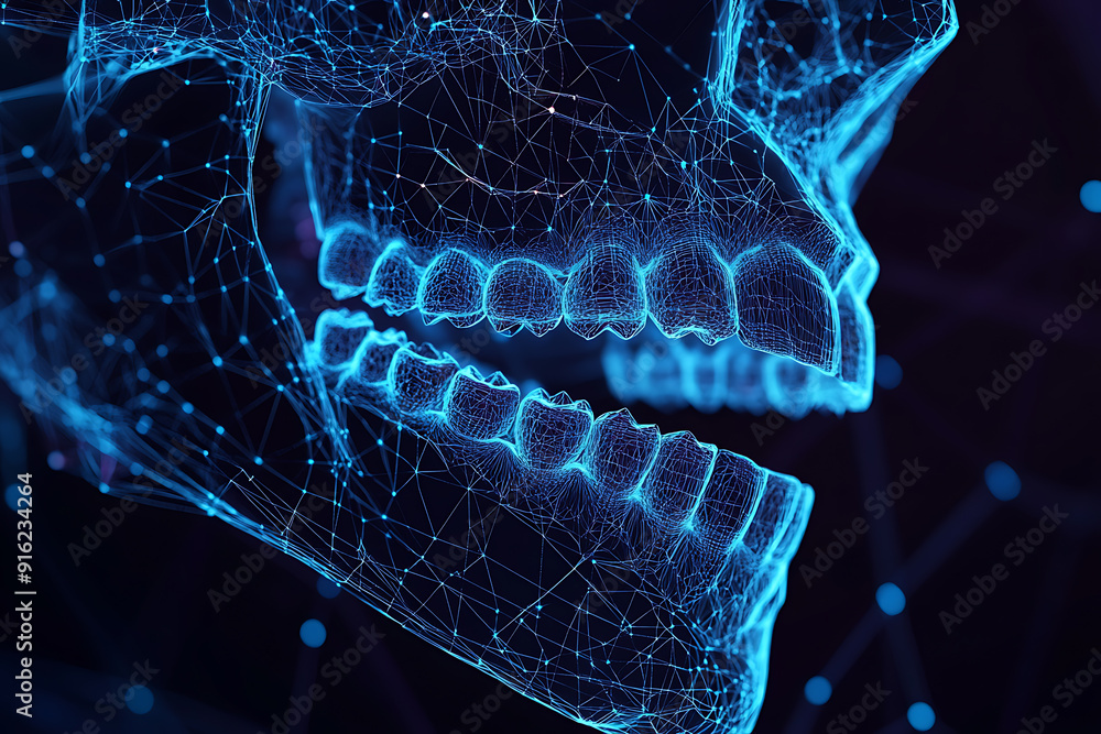 Poster a detailed wireframe representation of a jaw in plexus style, highlighting intricate connections and