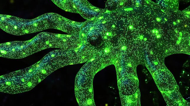Video footage of teal green fluorescent microscopic with dark background.