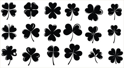 Set of three and four leaf silhouettes, Green four leaf clover symbol, Clover leaves icons vector, Black clover leaf set