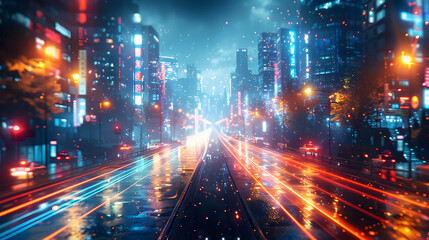 Fototapeta premium Cyberpunk Cityscape with Neon Lights and Rain