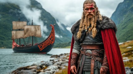 Epic Viking Warrior in Traditional Battle Attire by Nordic Longship in Majestic Fjord Landscape