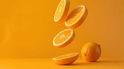 Stack of Orange falling or flying.Creative levitation food on orange color background with Horizontal frame