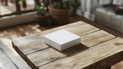 Fototapeta premium White packaging box mockup on a simple wooden table, with a clean, minimalistic aesthetic