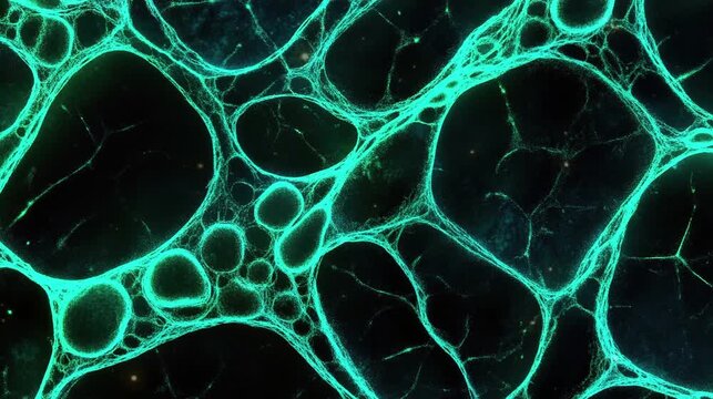 Video footage of teal green fluorescent microscopic with dark background.