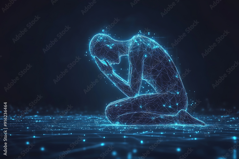 Poster a person sitting on their knees, praying with hands folded and raised, blended with geometric lines 