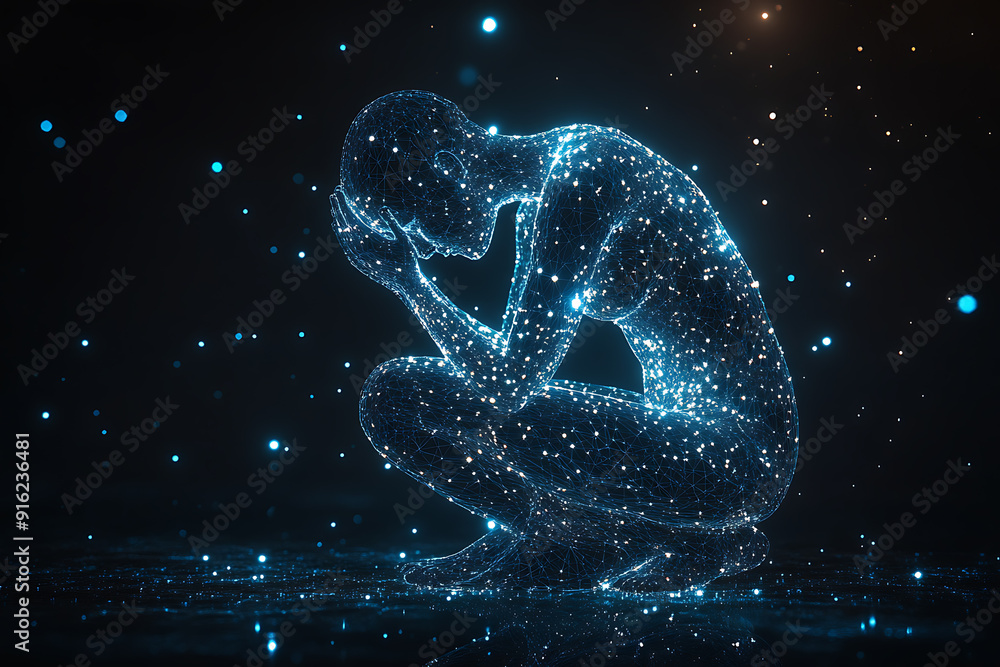 Poster a person sitting on their knees, praying with hands folded and raised, blended with geometric lines 