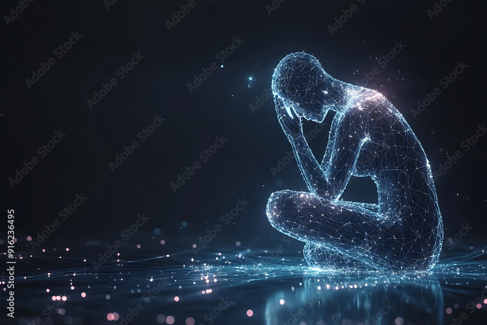 Poster a person sitting on their knees, praying with hands folded and raised, blended with geometric lines 