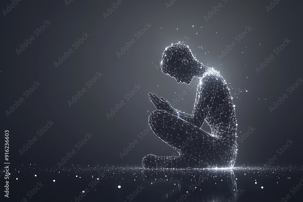 Poster a person sitting on their knees, praying with hands folded and raised, blended with geometric lines 