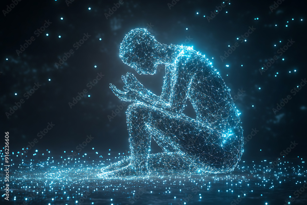 Poster a person sitting on their knees, praying with hands folded and raised, blended with geometric lines 