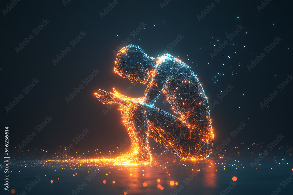 Poster a person sitting on their knees, praying with hands folded and raised, blended with geometric lines 