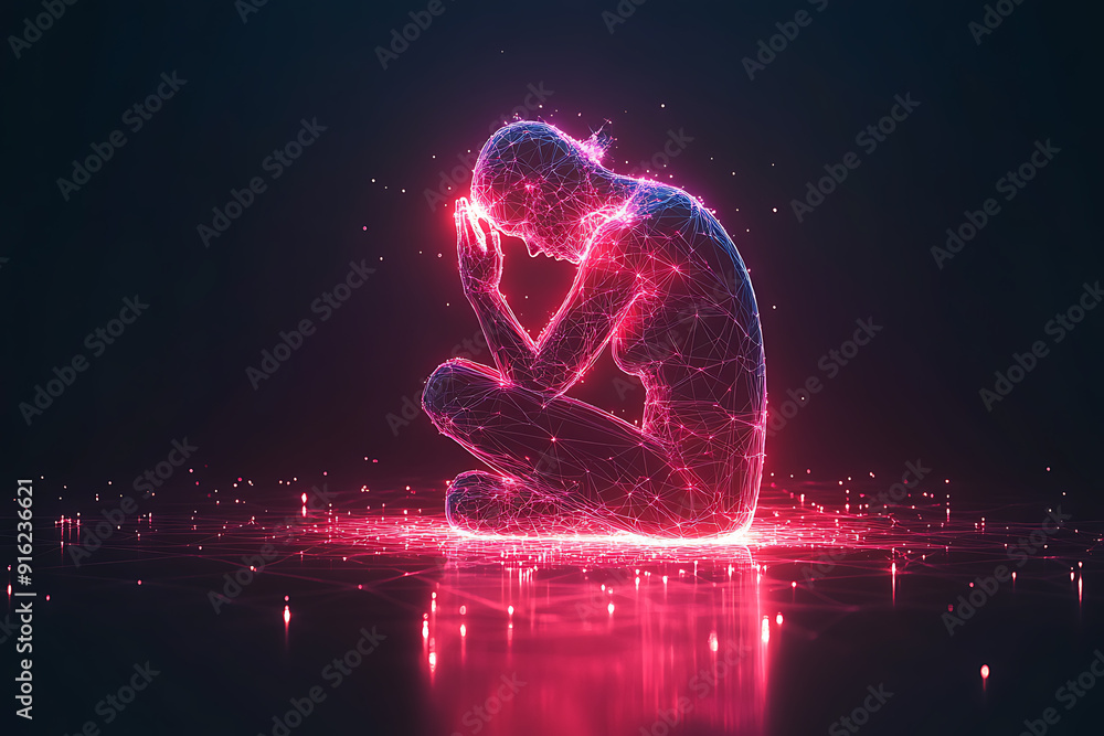 Poster a person sitting on their knees, praying with hands folded and raised, blended with geometric lines 