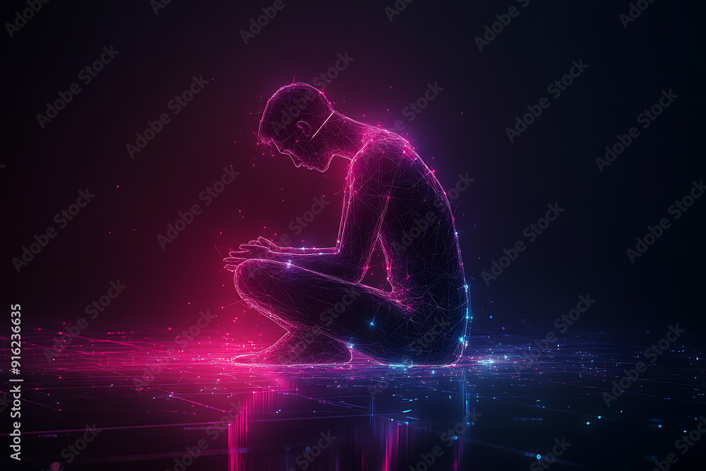 Poster a person sitting on their knees, praying with hands folded and raised, blended with geometric lines 