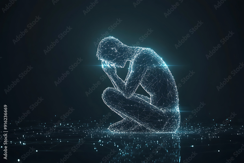 Poster a person sitting on their knees, praying with hands folded and raised, blended with geometric lines 