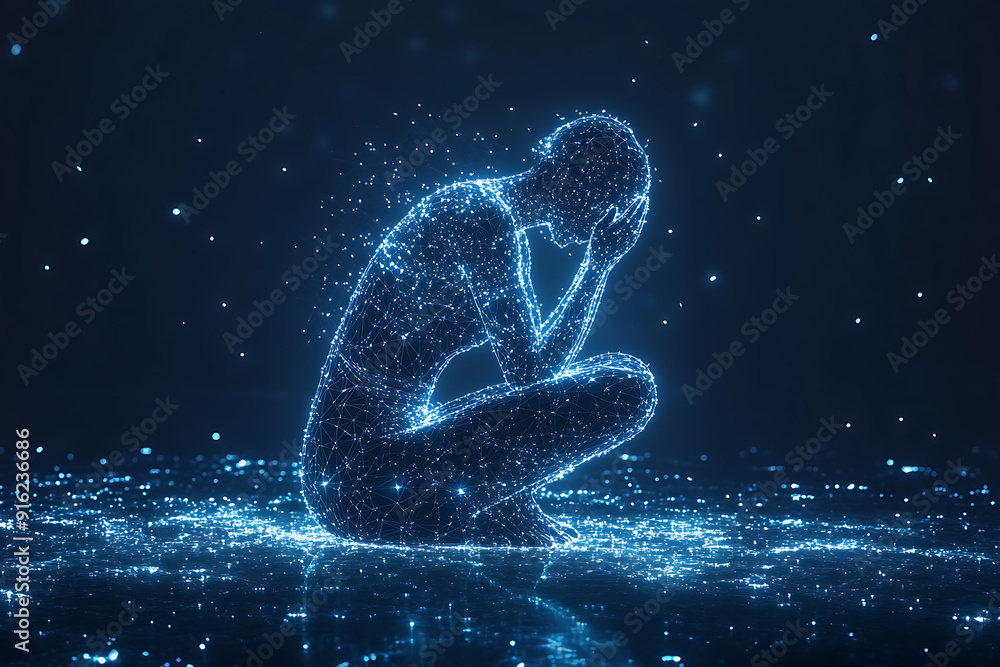 Poster a person sitting on their knees, praying with hands folded and raised, blended with geometric lines 