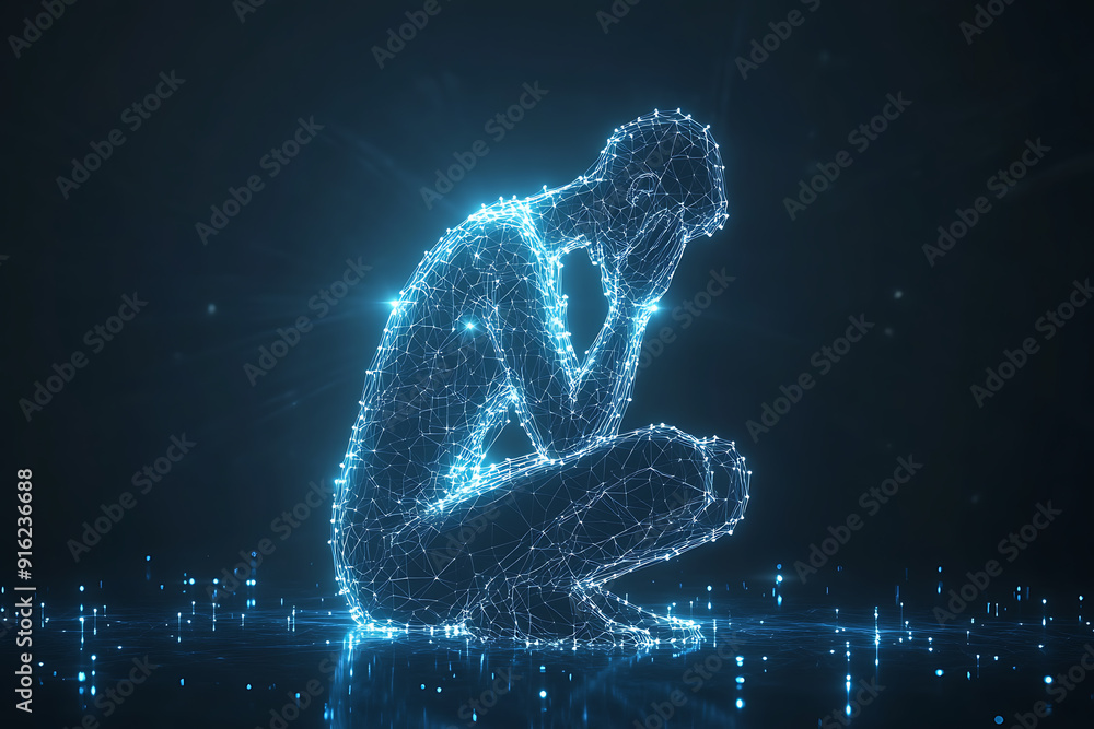 Poster a person sitting on their knees, praying with hands folded and raised, blended with geometric lines 