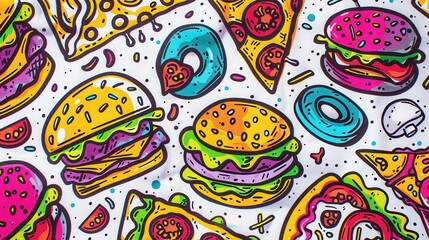 Naklejka premium A lively arrangement of fast food favorites including burgers, pizza slices, and colorful donuts on a playful background