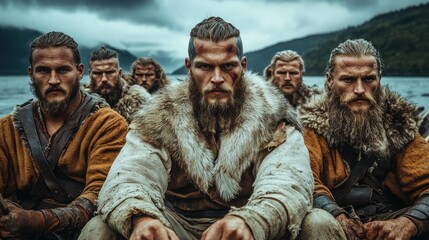 Fototapeta premium Fierce Viking Warriors in Traditional Attire by Nordic Fjord