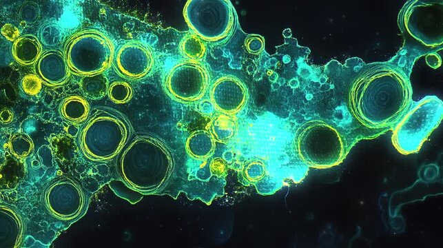 Video footage of teal green fluorescent microscopic with dark background.