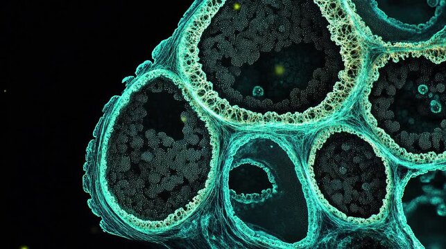 Video footage of teal green fluorescent microscopic with dark background.