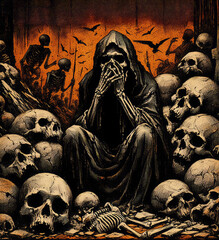 Naklejka premium illustration, dark and gloomy Middle Ages in hell. Old skull , skeletons fragments, death kneels and cries. Symbolism. Black ink on an orange,