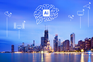 Artificial Intelligence powered Futuristic smart City Concept, Chicago, Illinois, USA