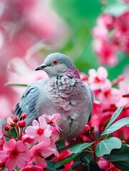 Fototapeta premium Colorful Pigeon Among Vibrant Pink Flowers: Nature's Beauty and Serenity